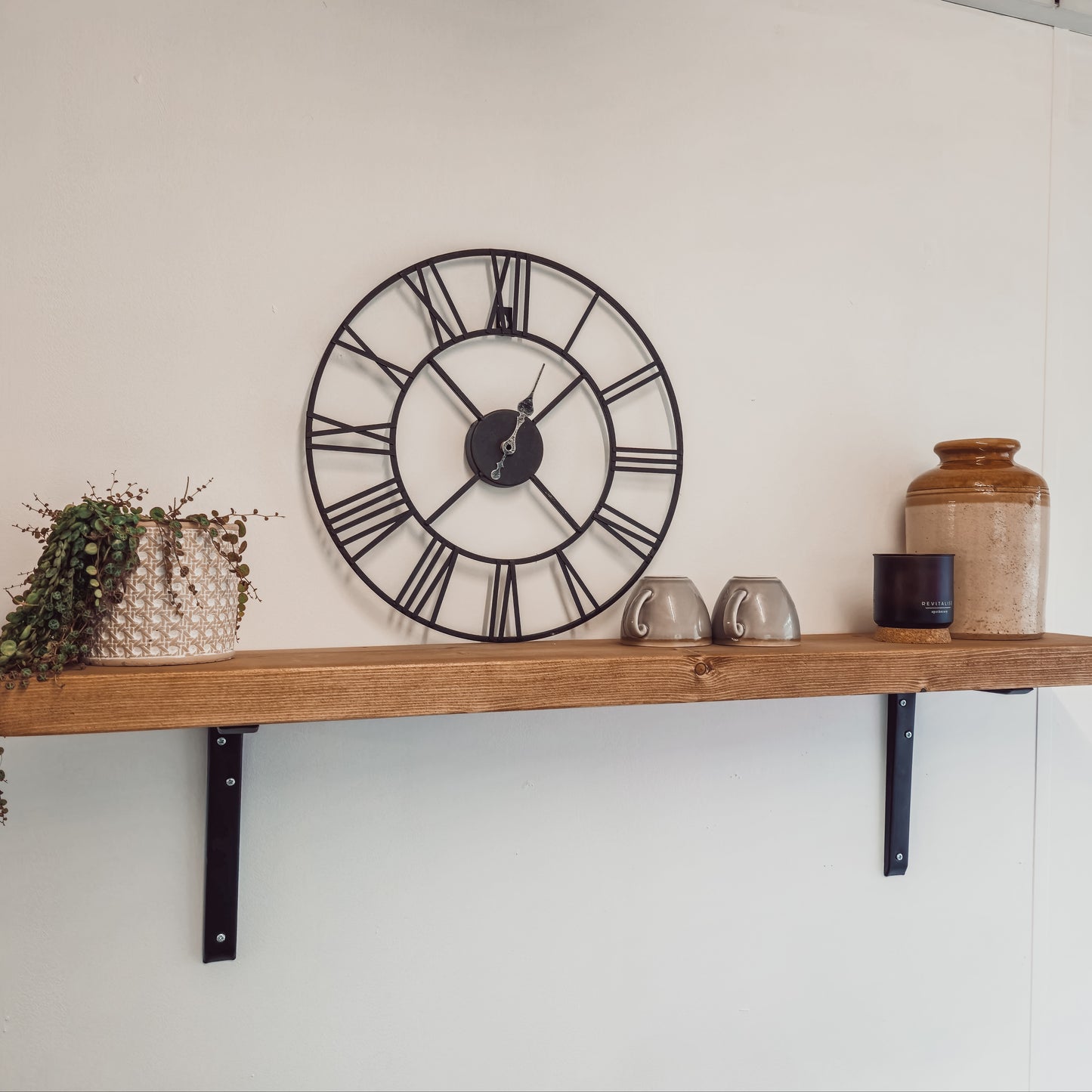 Rustic Wooden Shelf with Metal Brackets