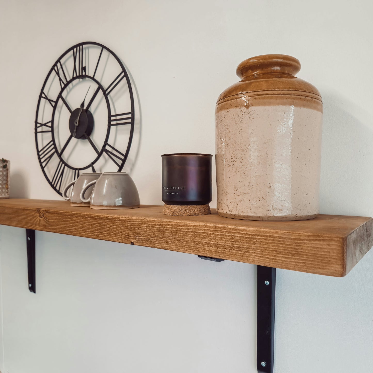 Rustic Wooden Shelf with Metal Brackets