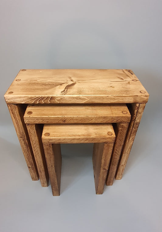 Set of 3 Solid Wood Rustic Nest Of Tables with Timber Legs image 1