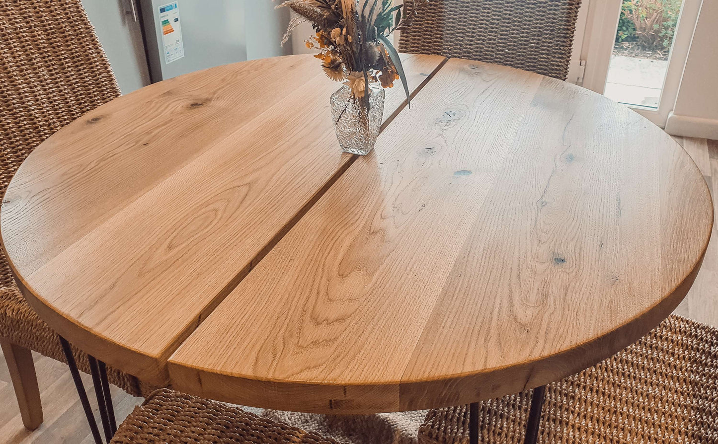 Solid Oak Round Dining Table With Hairpin Legs image 1