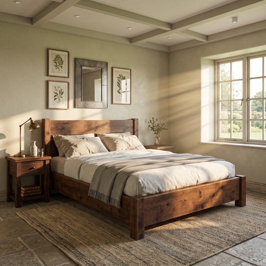Ashbourne Walnut Colour Bed Frame 30cm High / Chunky Solid Rustic Pine Bed with Headboard