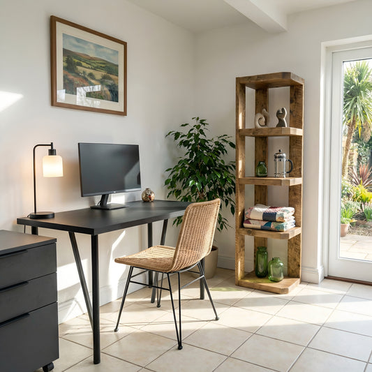 Belix W32cm 4 Shelves Solid Wood Corner Bookshelf – Open Bookcase, Rustic Scandinavian Design