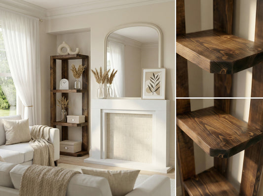 Belix Walnut Colour Solid Wood Corner Bookshelf – Open Bookcase, Rustic Scandinavian Design