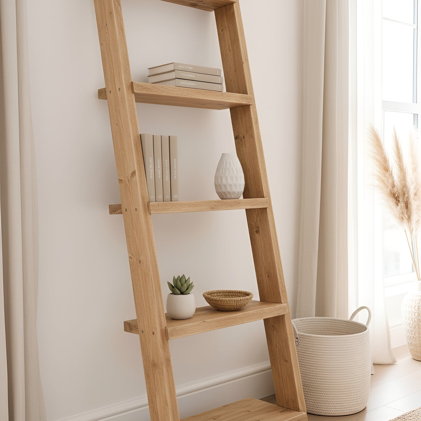 Ladder Solid Wood Bookshelf – Natural Finish Open Bookcase, Rustic Scandinavian Design