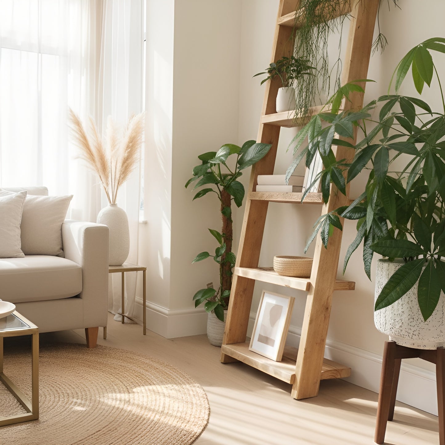 Ladder Solid Wood Bookshelf – Natural Finish Open Bookcase, Rustic Scandinavian Design