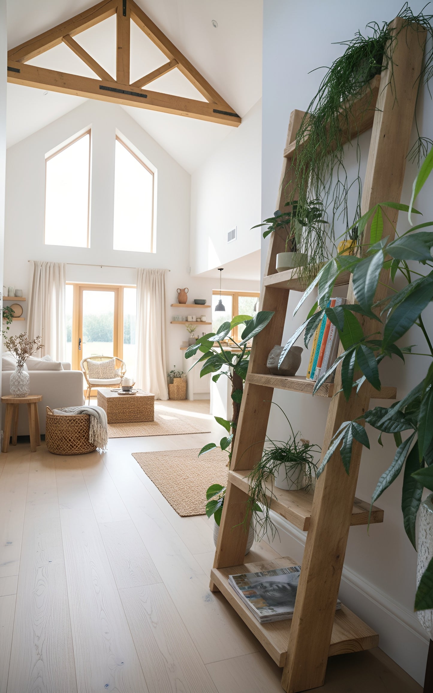 Ladder Solid Wood Bookshelf – Natural Finish Open Bookcase, Rustic Scandinavian Design