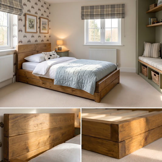 Brenton Single Floor Bed Frame 20cm High / Chunky Solid Rustic Pine Bed with Headboard