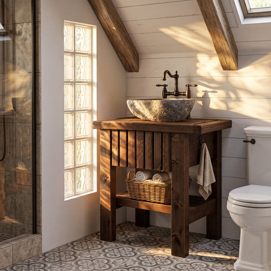 BUTLER Walnut Colour Wooden Vanity and Shelf Storage with Stone Sink | Tribe Joinery