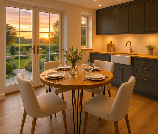 TIVIA Rustic Chunky Wooden Round Dining Table With Hairpin Legs