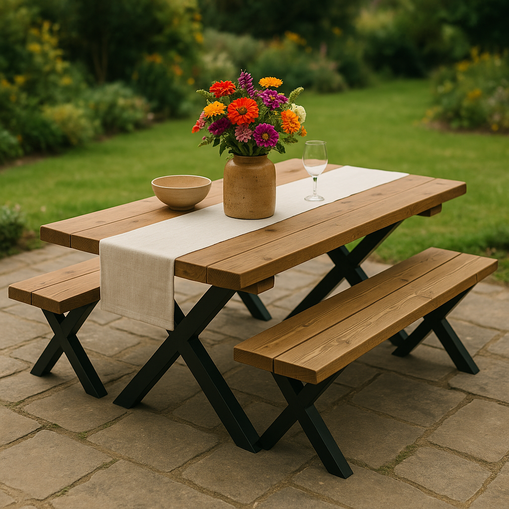 Outdoor Farmhouse Dining Table With Bench and Black Metal Cross Legs