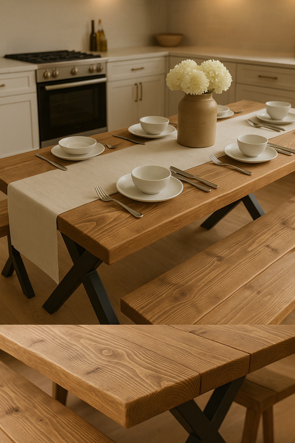 Farmhouse Dining Table With Bench and Black Metal Cross Legs