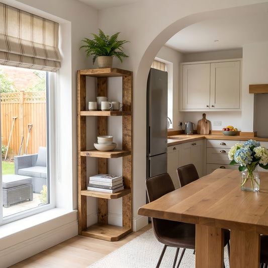 Belix Solid Wood Corner Bookshelf – Open Bookcase, Rustic Scandinavian Design