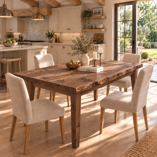 FERRO Walnut Colour Waney / Live Edge Solid Wood Dining Table With Wooden Legs