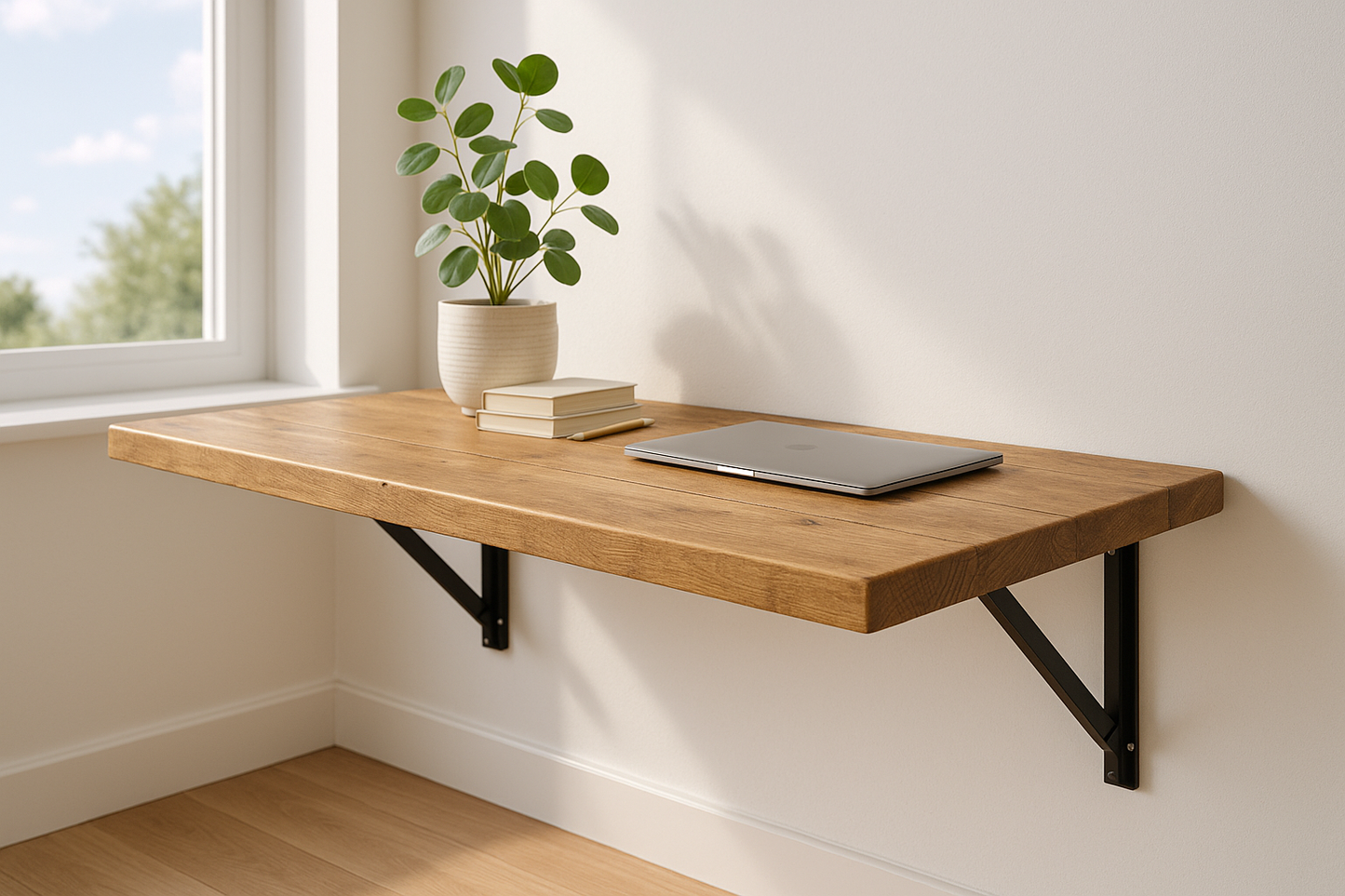 Foldable Wall-Mounted Solid Wood Table – Rustic Wood with Heavy-Duty Black Brackets – Space-Saving Desk for Kitchen, Office, or Small Spaces
