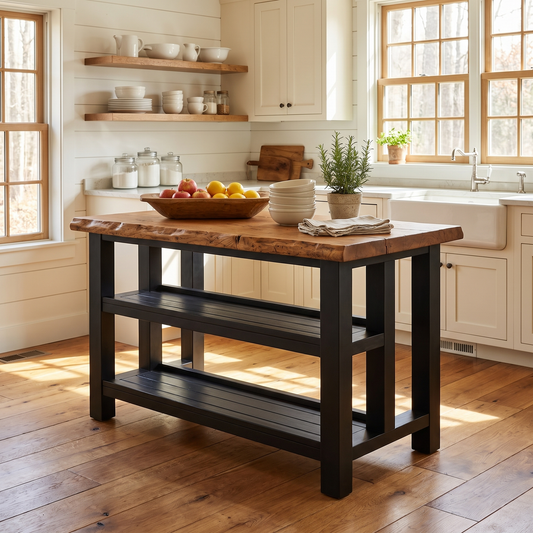KINGSLEY Black Colour Live Edge Solid Wood Kitchen Island With Shelf / Breakfast Bar