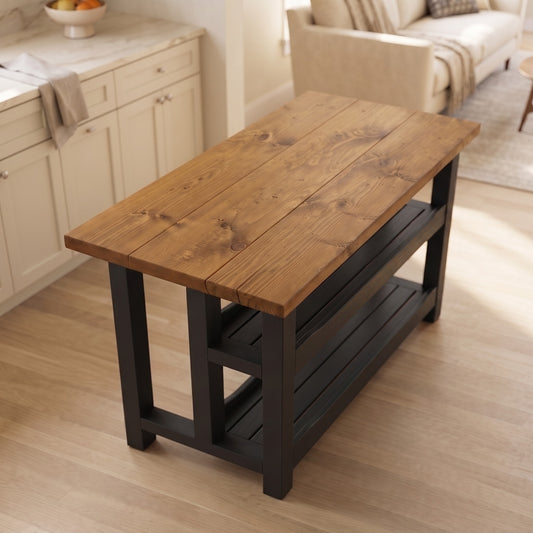 HIGHLAND Black Ebony Solid Wood Kitchen Island With Shelf / Breakfast Bar