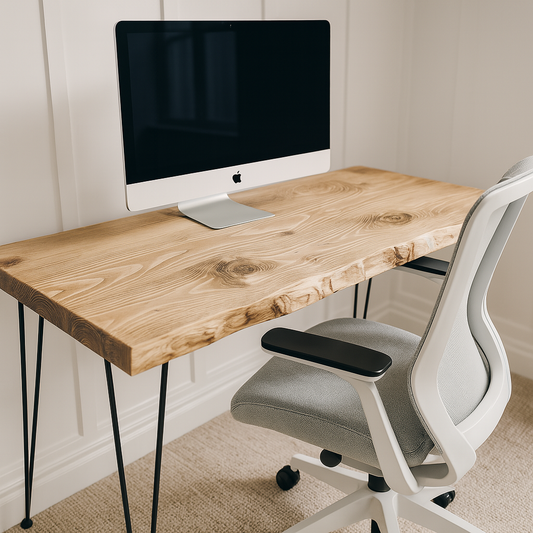 Wooden desk with computer monitor and chair in a room