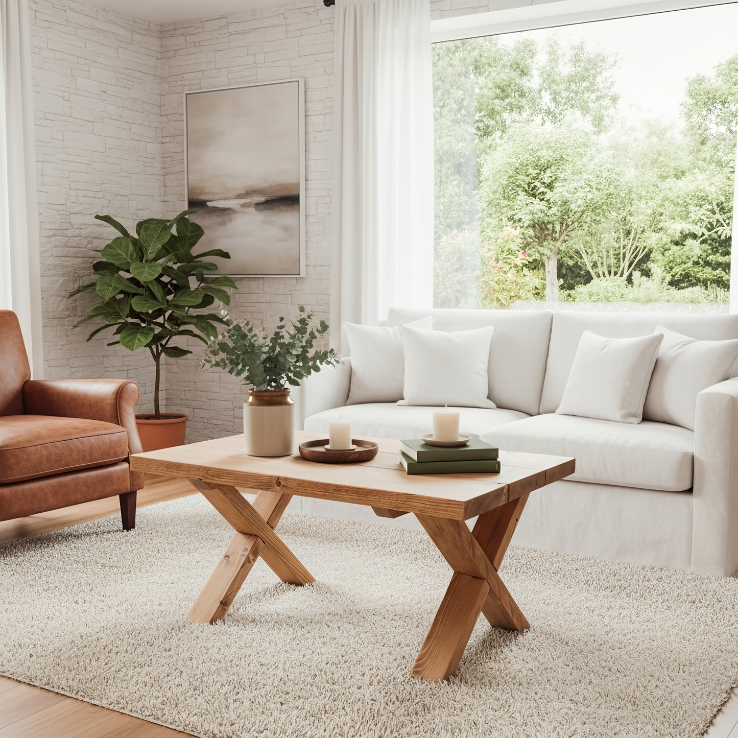 MAYA Solid Wood Cross Leg Farmhouse Coffee Table