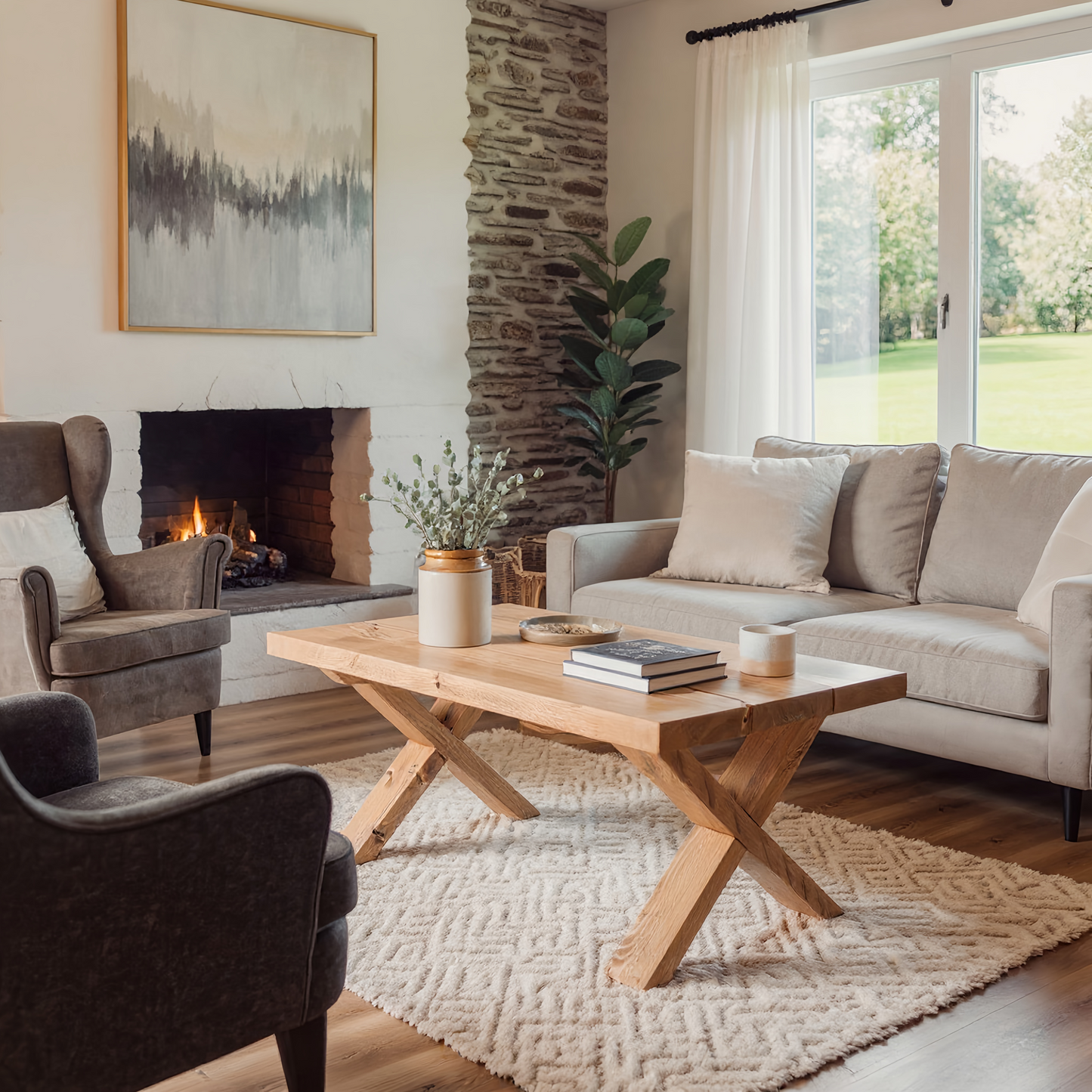 MAYA Solid Wood Cross Leg Farmhouse Coffee Table