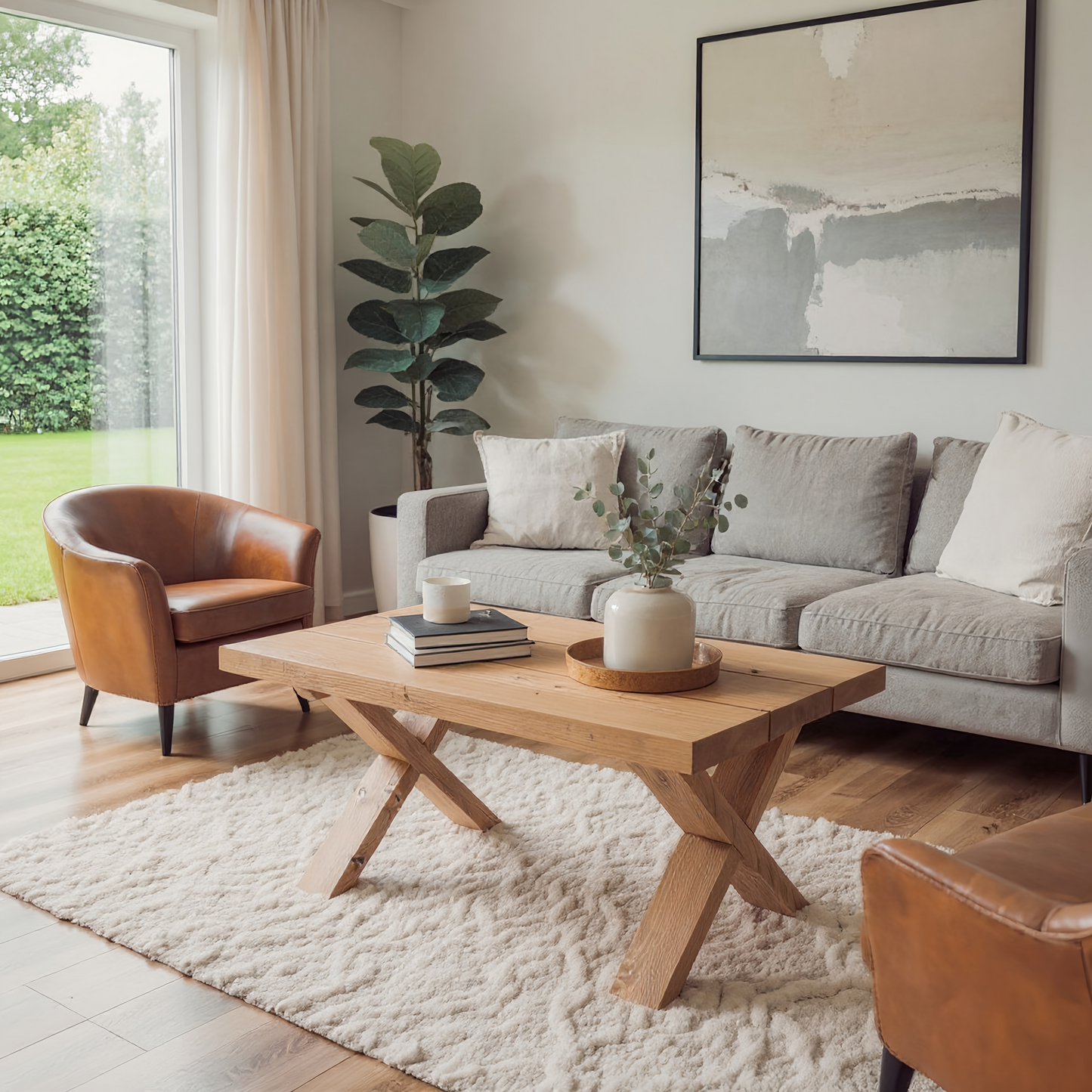 MAYA Solid Wood Cross Leg Farmhouse Coffee Table