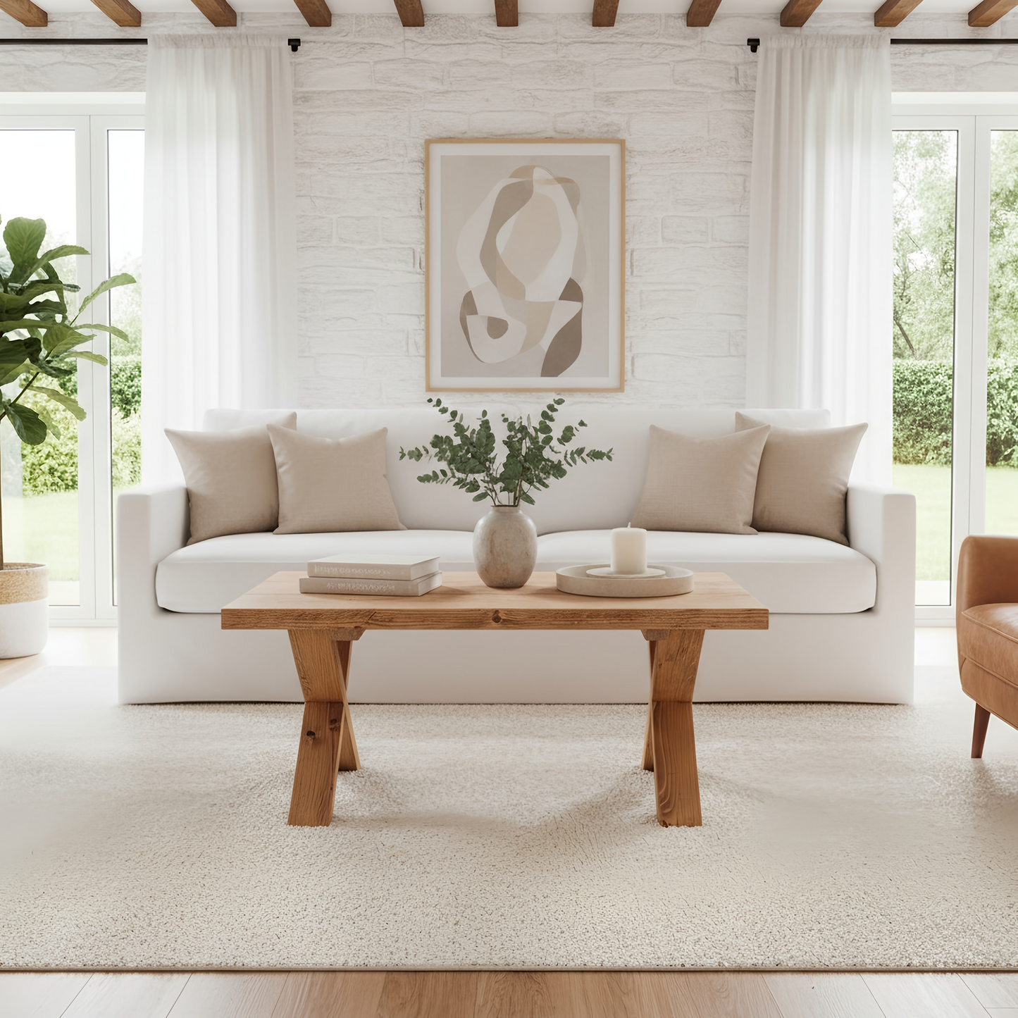 MAYA Solid Wood Cross Leg Farmhouse Coffee Table