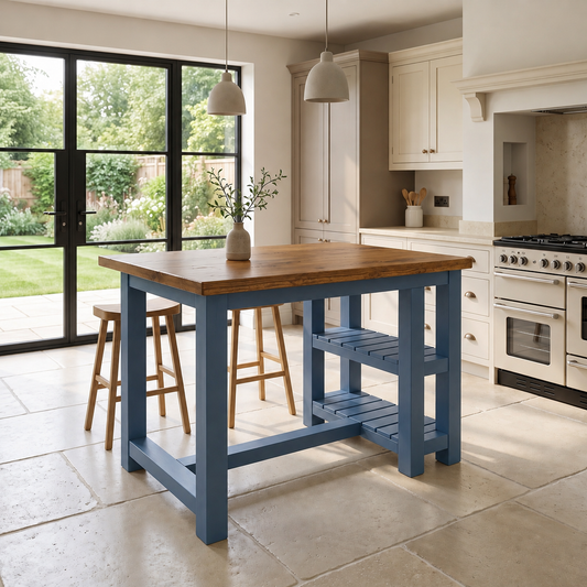 NORVIK Blue Colour Solid Wood Kitchen Island With Shelf / Breakfast Bar