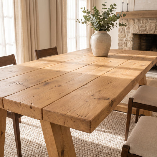 Obsidian Light Oak Colour Trapezium Solid Wood Dining Table With Wooden Trapezoid Legs