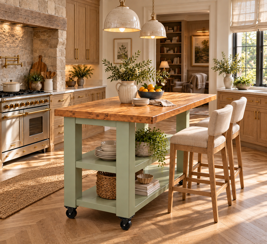 PEMBREY Cart Light Green Kitchen Island With Overhang / Breakfast Bar / Rustic Island