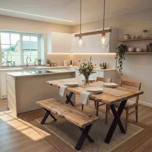 Live / Waney Edge Dining Table With Bench and X Cross Metal Legs