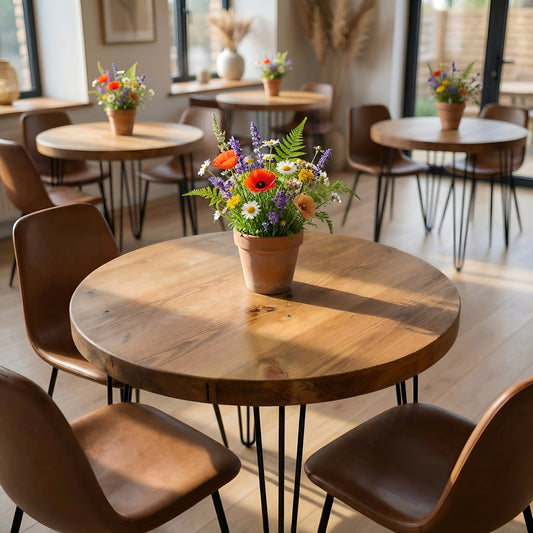 TIVIA Rustic Chunky Wooden Round Dining Table With Hairpin Legs