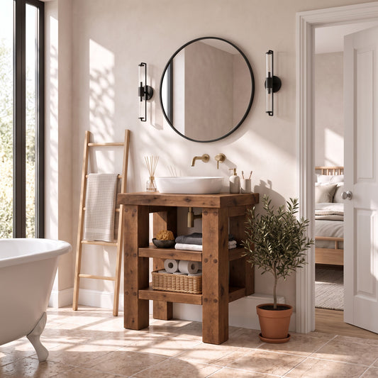 SOMERVALE 30cm Shorter Back Legs Walnut Colour Solid Wood Bathroom Vanity With Shelf
