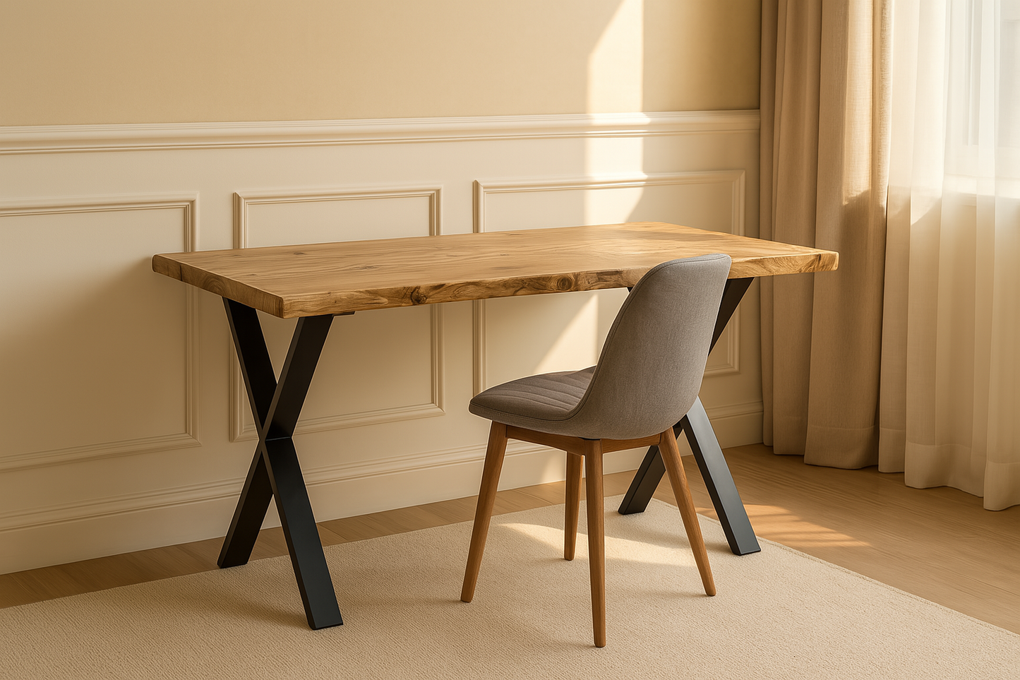 Live / Waney Edge Study Desk / Table With X Cross Metal Legs