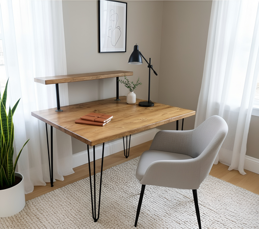 Handcrafted Wooden Study Desk with Shelf & Hairpin Legs