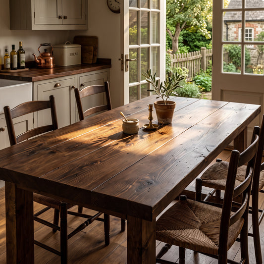 TREVON Walnut Colour Solid Wood Dining Table With Wooden Square U Legs