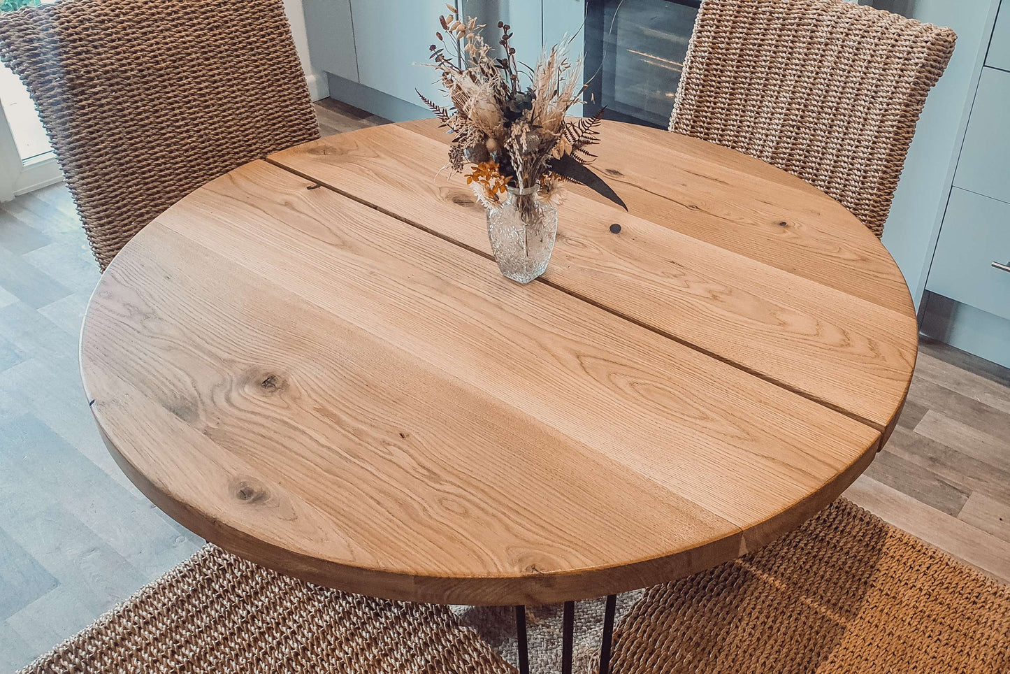 Solid Oak Round Dining Table With Hairpin Legs image 2