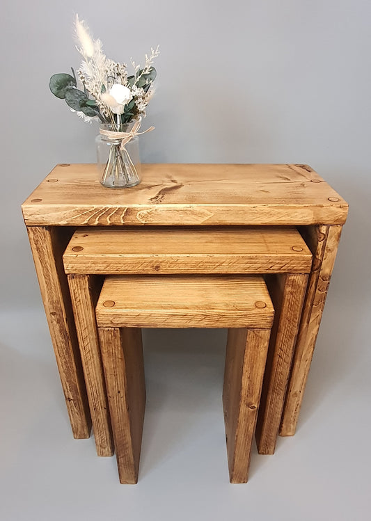 Set of 3 Solid Wood Rustic Nest Of Tables with Timber Legs image 0