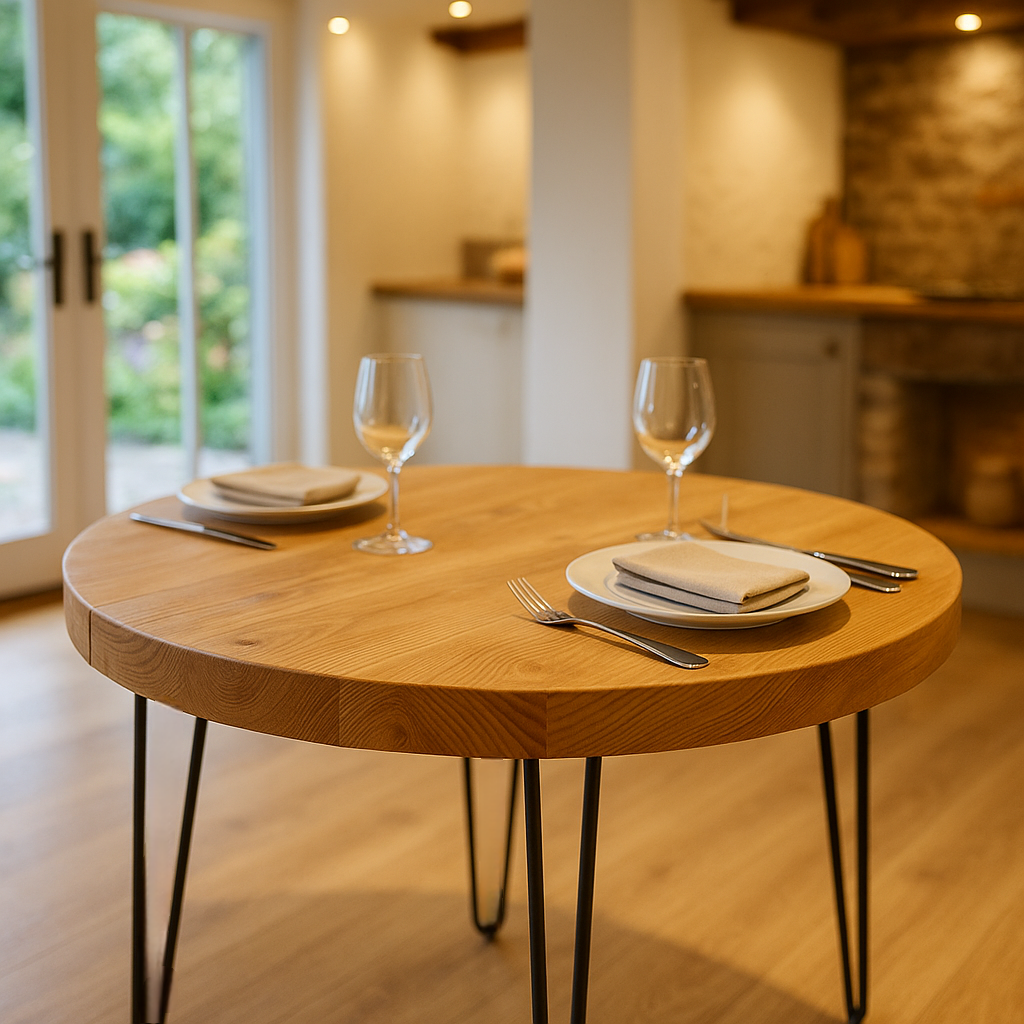 TIVIA Rustic Chunky Wooden Round Dining Table With Hairpin Legs