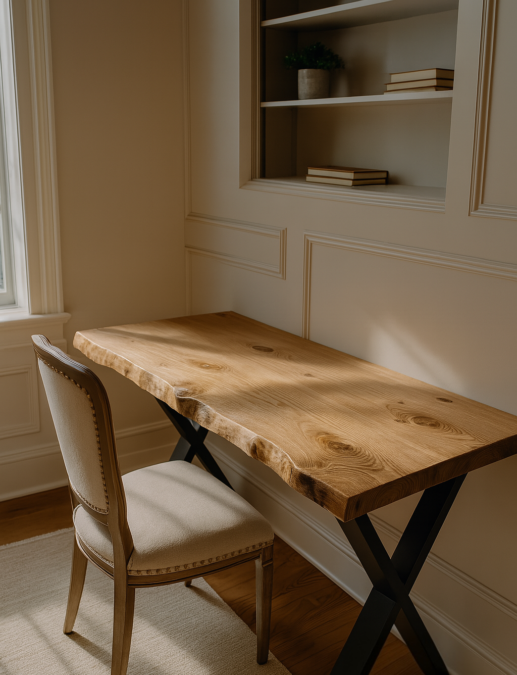 Live / Waney Edge Study Desk / Table With X Cross Metal Legs