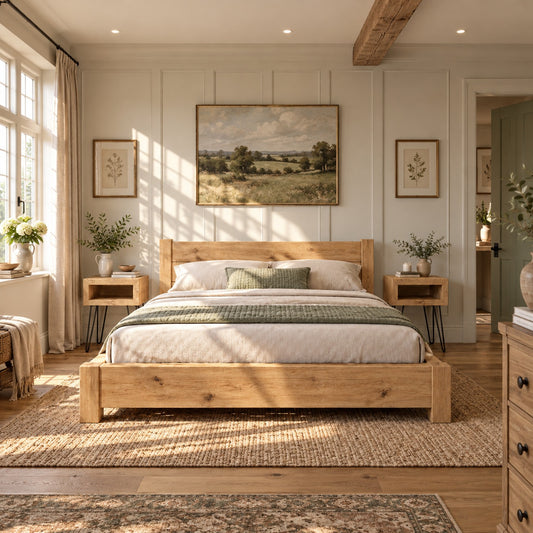 Ashbourne Light Oak Colour Bed Frame 30cm High / Chunky Solid Rustic Pine Bed with Headboard