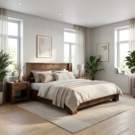 CHELSEA Walnut Colour Bed Frame 30cm High / Chunky Solid Rustic Pine Bed with Headboard