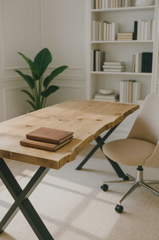 Live / Waney Edge Study Desk / Table With X Cross Metal Legs