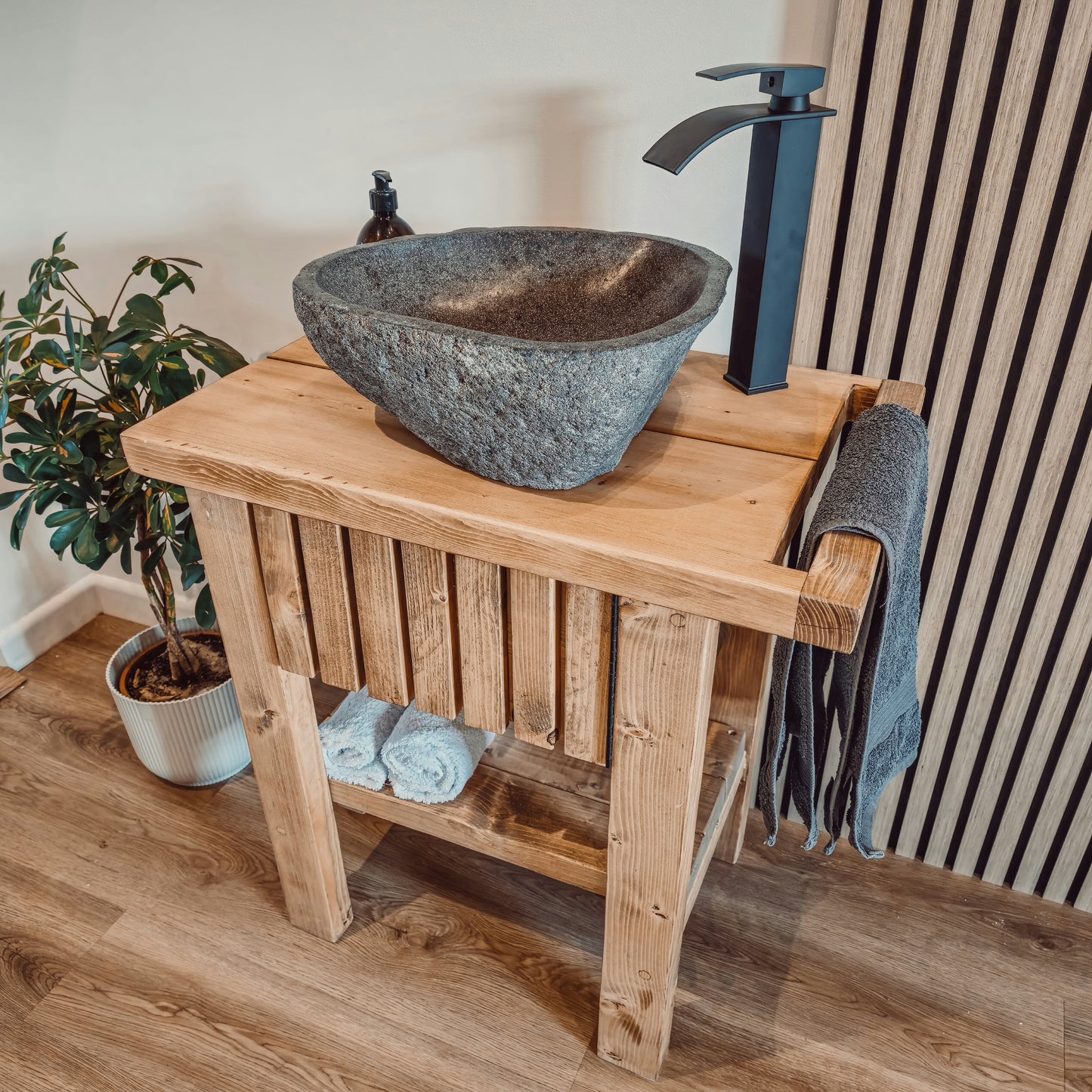 BUTLER Wooden Vanity and Shelf Storage with Stone Sink | Tribe Joinery