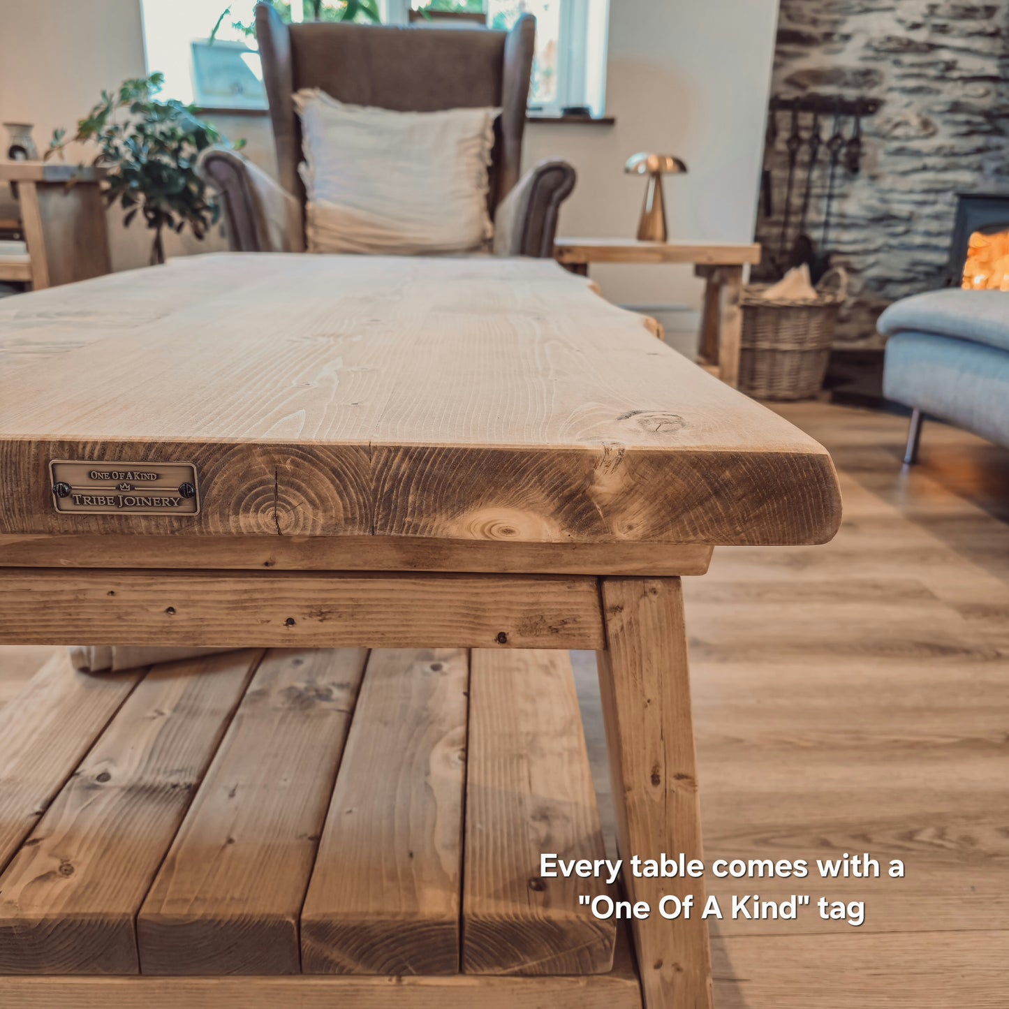 Cara Live Edge Rustic Wooden Coffee Table With Shelf