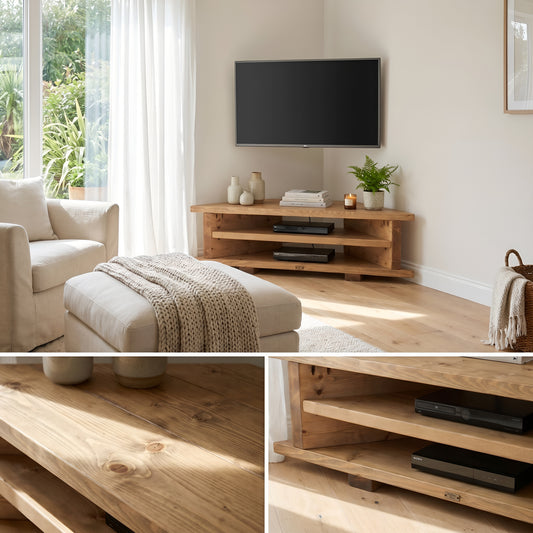 3 Tier Corner Solid Wood Tv Unit / Solid Wood / Rustic