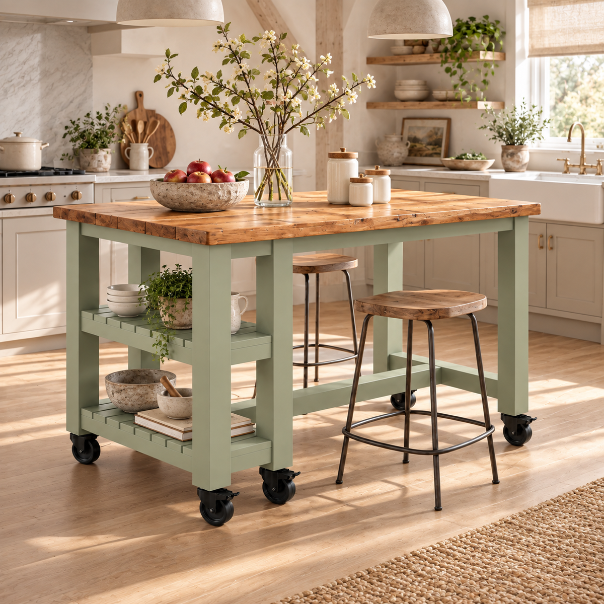 NORVIK Light Green Cart On Wheels Solid Wood Kitchen Island With Shelf / Breakfast Bar