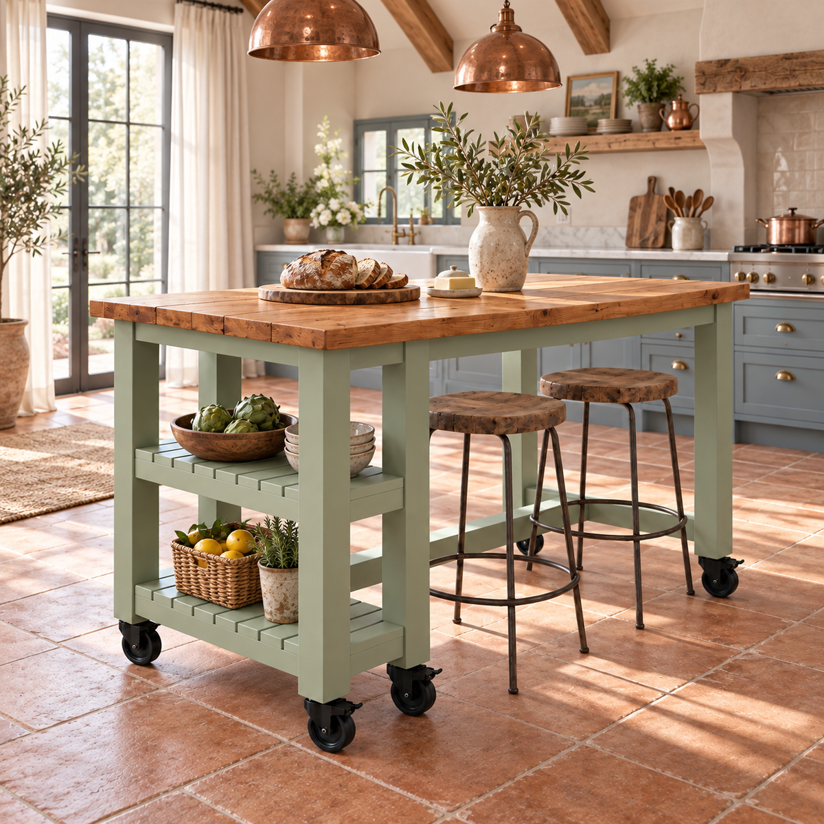 NORVIK Light Green Cart On Wheels Solid Wood Kitchen Island With Shelf / Breakfast Bar