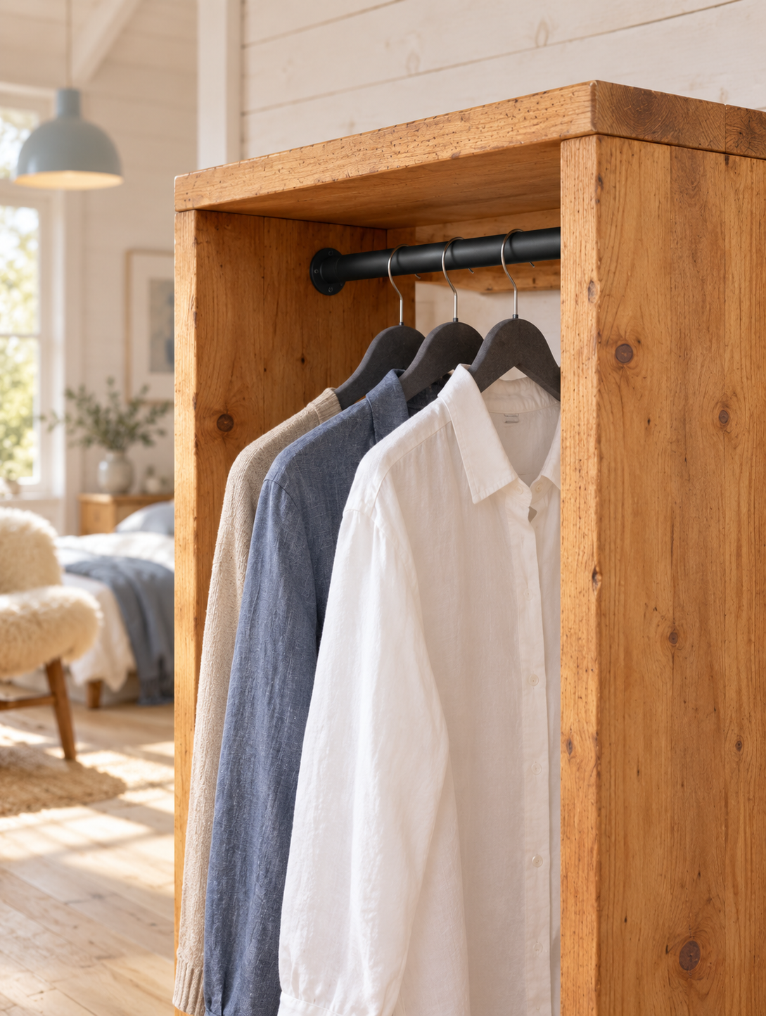 ARLINGTON Solid Wood Wardrobe – Open Wardrobe, Rustic Scandinavian Design