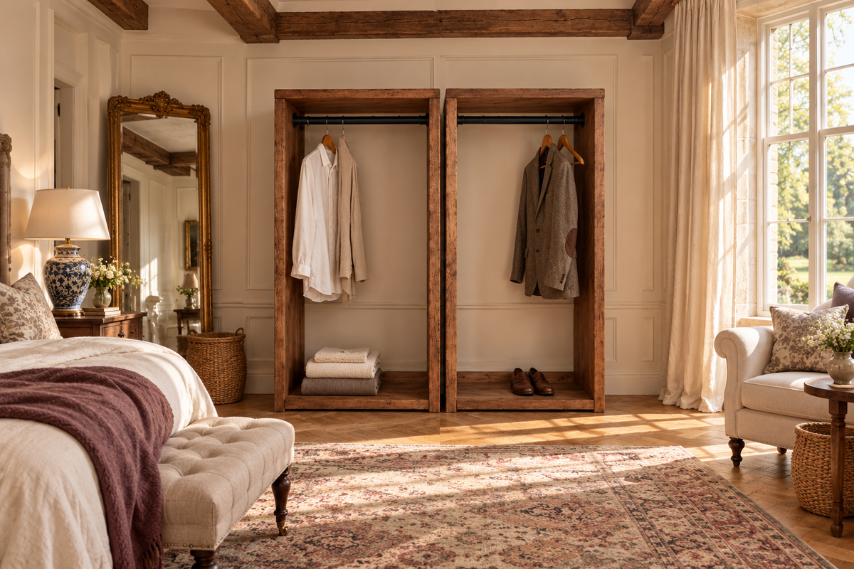 ARLINGTON Walnut Colour Solid Wood Wardrobe – Open Wardrobe, Rustic Scandinavian Design