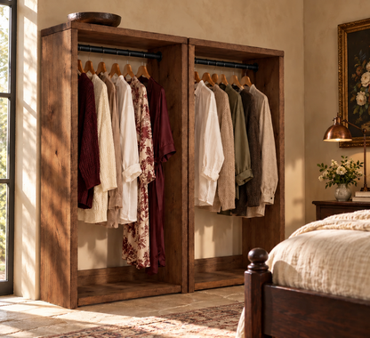 ARLINGTON Walnut Colour Solid Wood Wardrobe – Open Wardrobe, Rustic Scandinavian Design