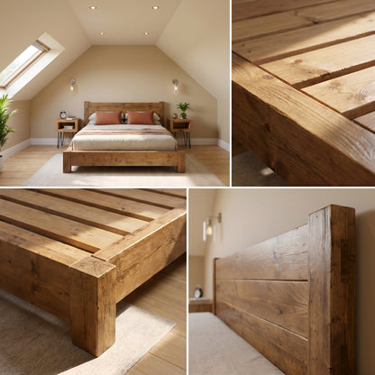 Ashbourne Bed Frame 30cm High  / Chunky Solid Rustic Pine Bed with Headboard